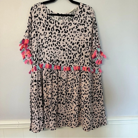 Savanna Jane Women's Stepping Ahead Leopard Neon Tassel Dress Size 2X GUC - Picture 2 of 11